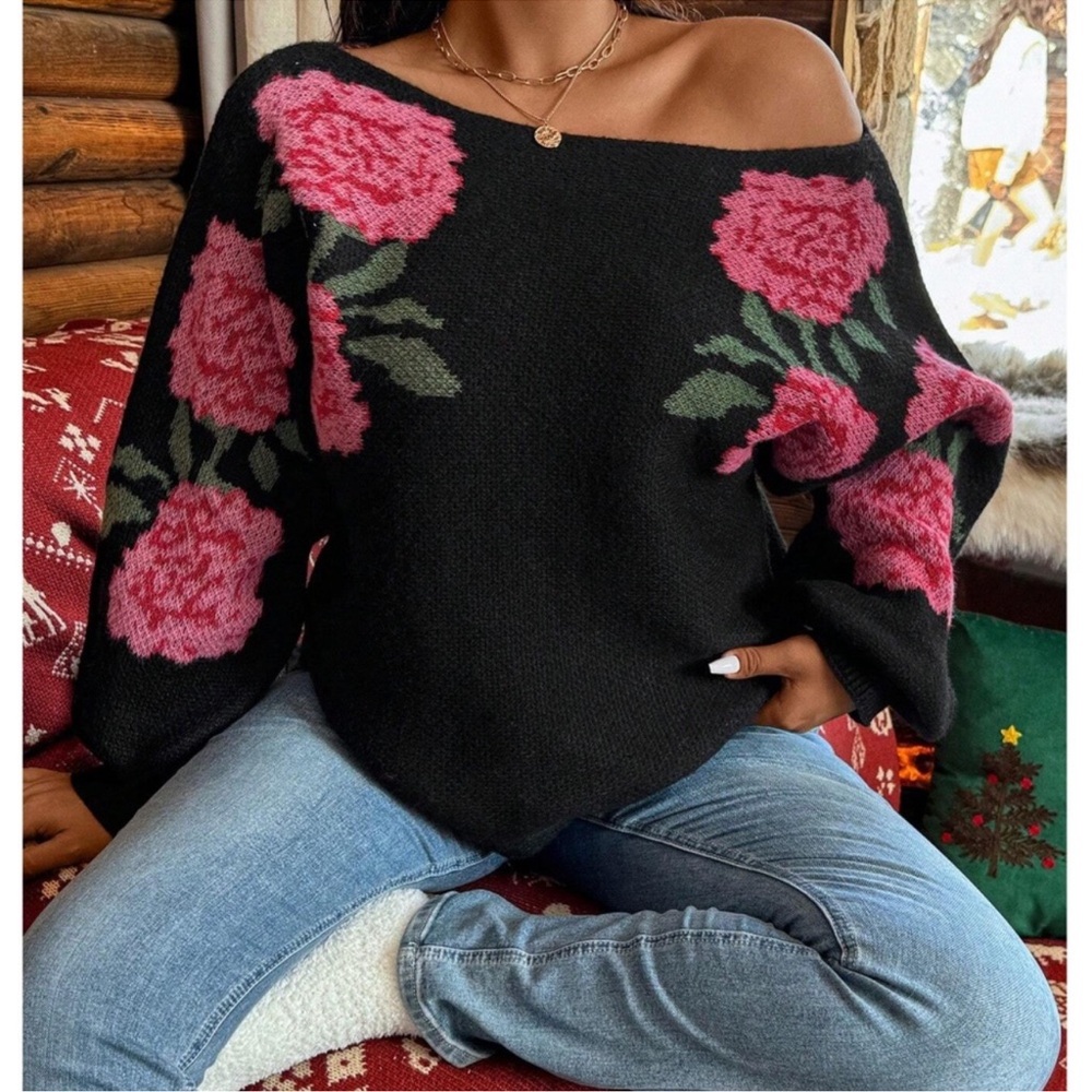 Plus Black Floral Print Scoop Neck Sweater Top 1X 2X 3X